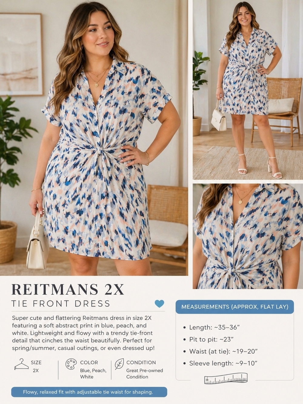 Reitmans 2X Printed Tie Front Dress | Blue Abstract | Flowy
